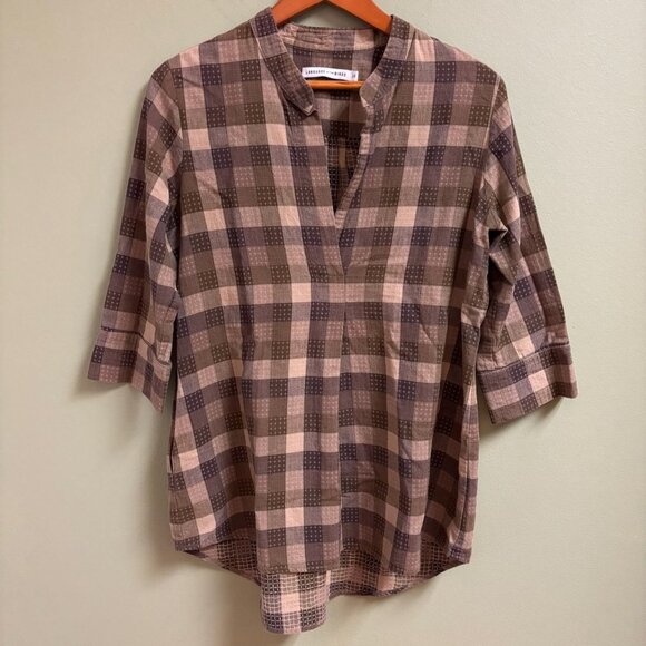 Language of the Birds Women Linen Top Size S Brown Plaid Stitched Lagenlook Boho - Picture 1 of 12